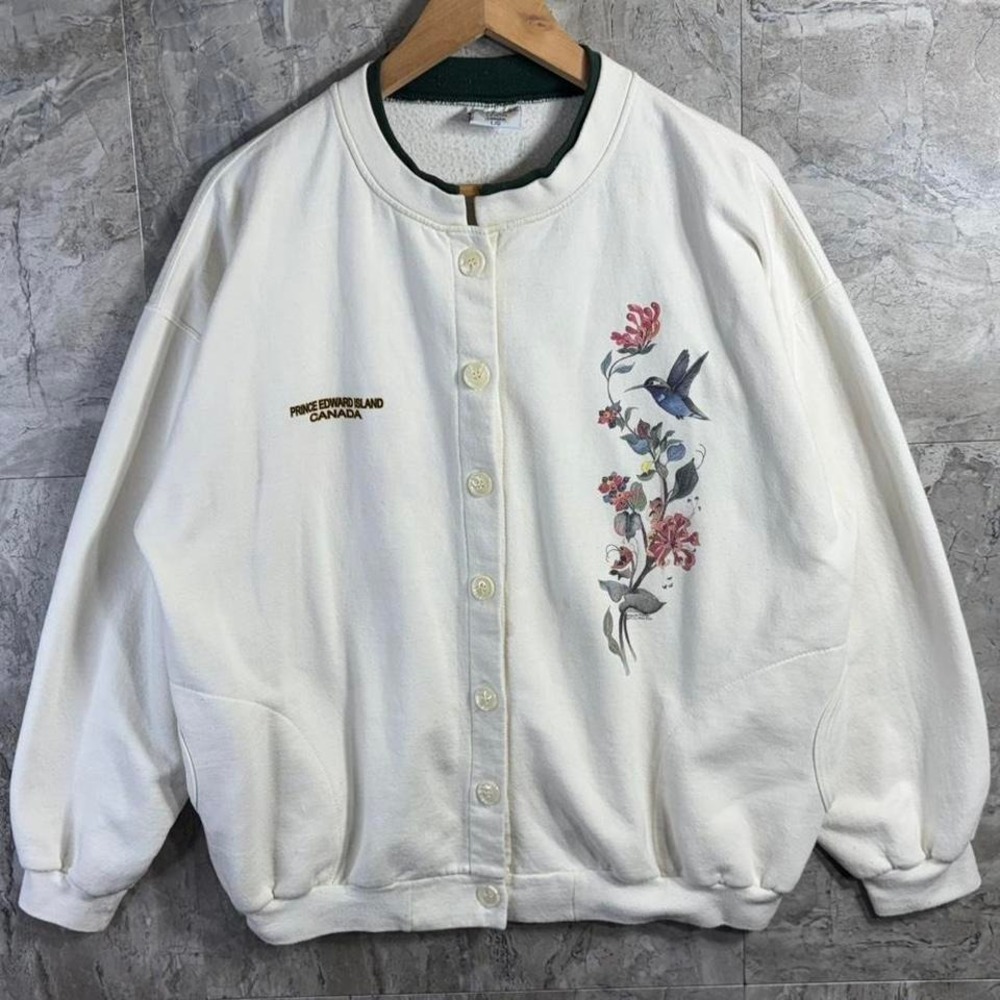 Vintage‎ 90s Canada Birds Habitat Button Sweatshirt Floral cardigan Woman's LG
